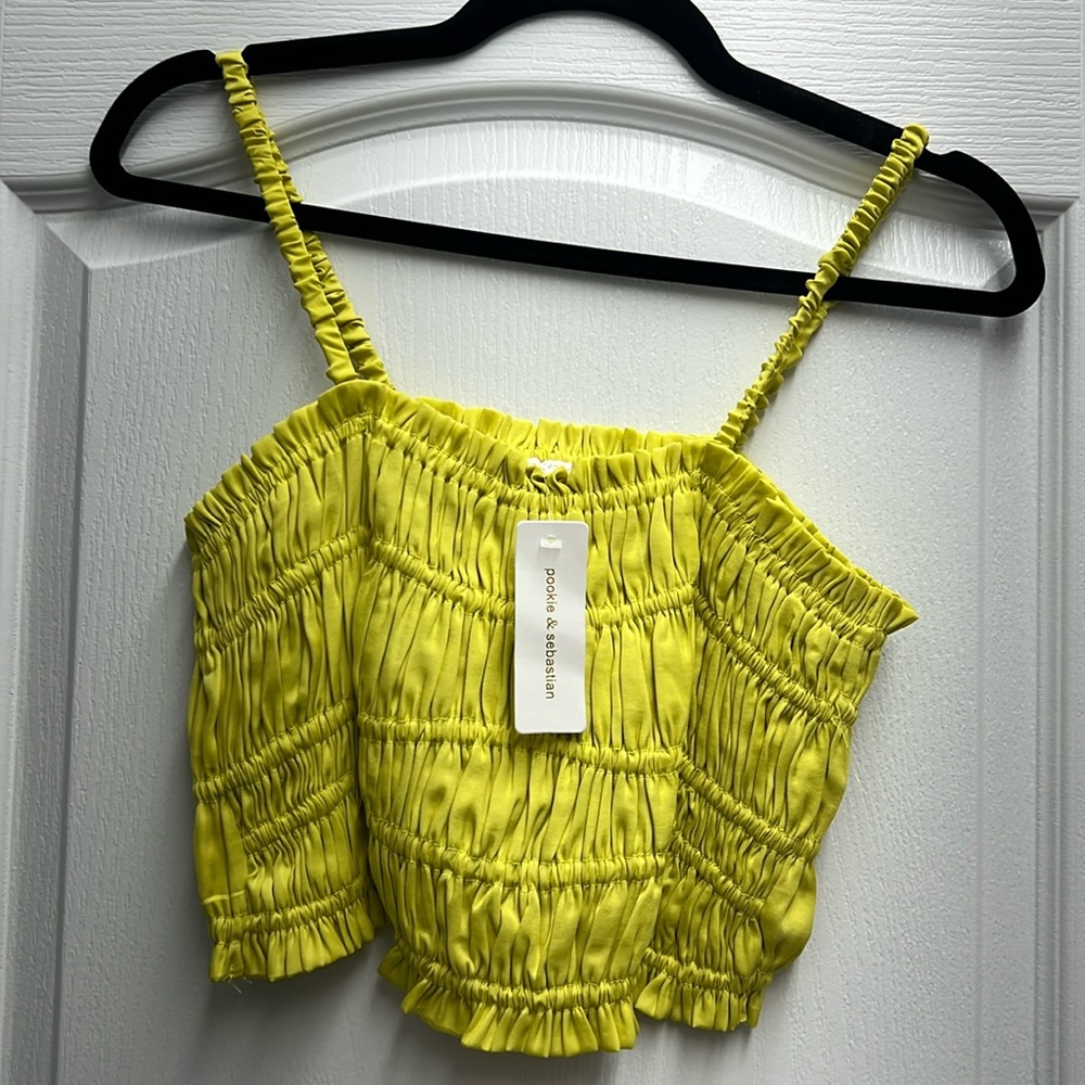 Pookie & Sebastian Lemon Yellow Crinkle Cropped Tank Top, Size S NWT NEVER WORN